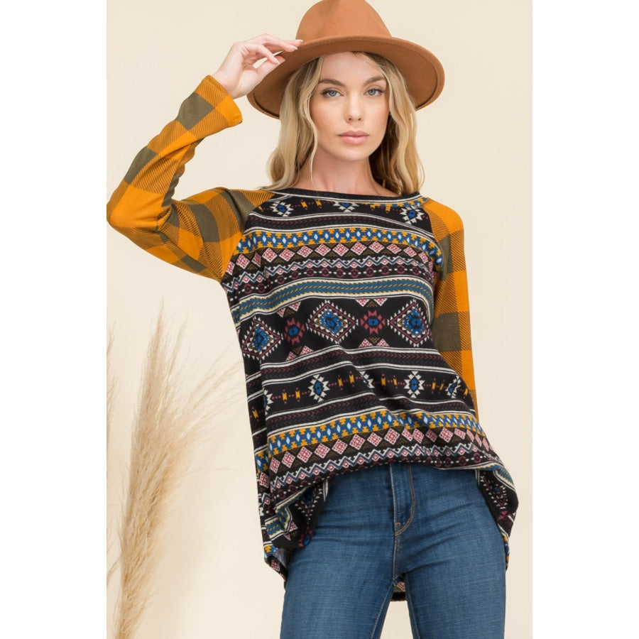 Celeste Full Size Print Contrast Plaid Long Sleeve T-Shirt Black Aztec / S Apparel and Accessories