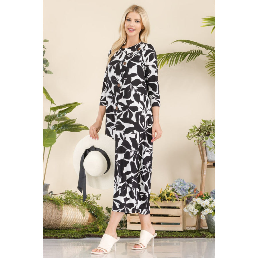 Celeste Full Size Printed Contrast Dress with Pockets Apparel and Accessories