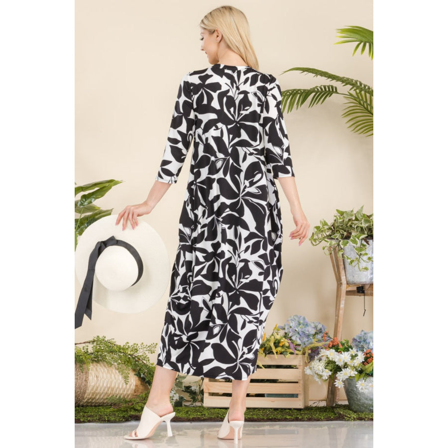 Celeste Full Size Printed Contrast Dress with Pockets Apparel and Accessories