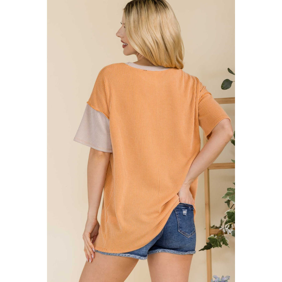 Celeste Full Size Ribbed Color Block Short Sleeve T - Shirt Apparel and Accessories