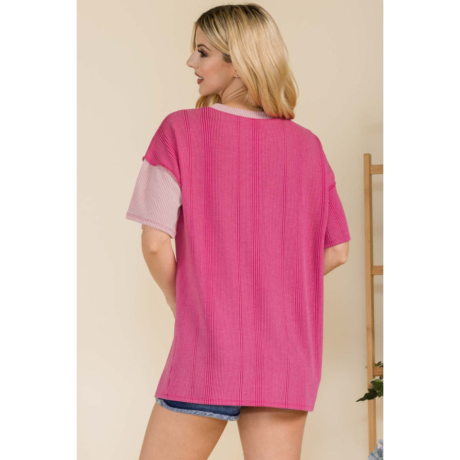 Celeste Full Size Ribbed Color Block Short Sleeve T - Shirt Apparel and Accessories