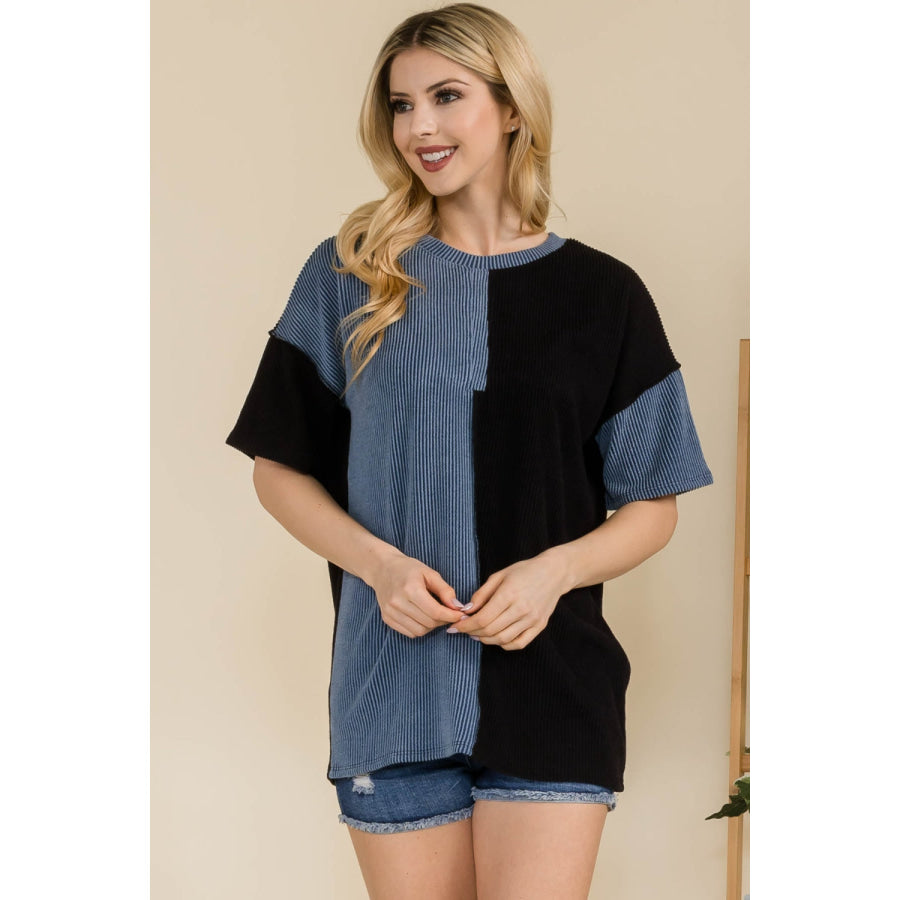Celeste Full Size Ribbed Color Block Short Sleeve T - Shirt BLACK / S Apparel and Accessories