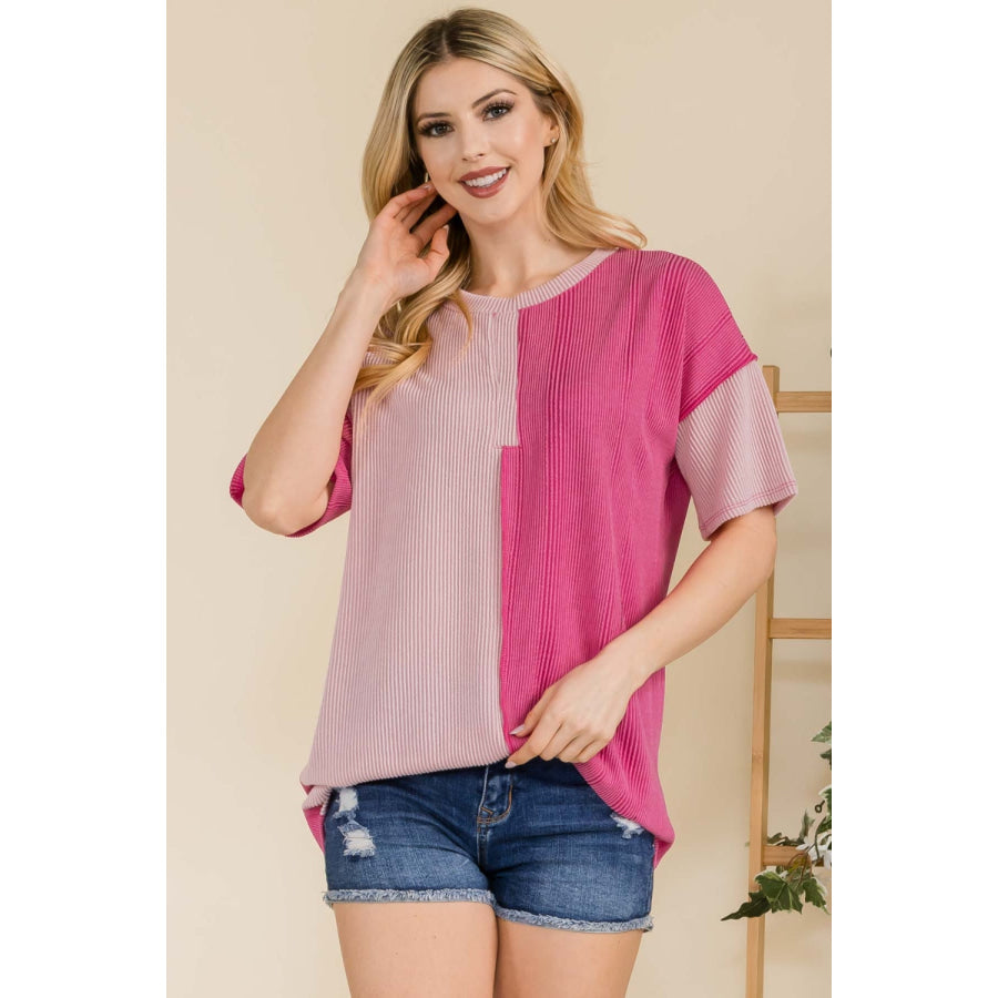 Celeste Full Size Ribbed Color Block Short Sleeve T - Shirt FUCHSIA / S Apparel and Accessories