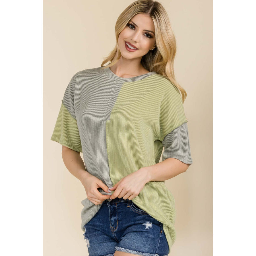 Celeste Full Size Ribbed Color Block Short Sleeve T - Shirt PISTACHIO / S Apparel and Accessories