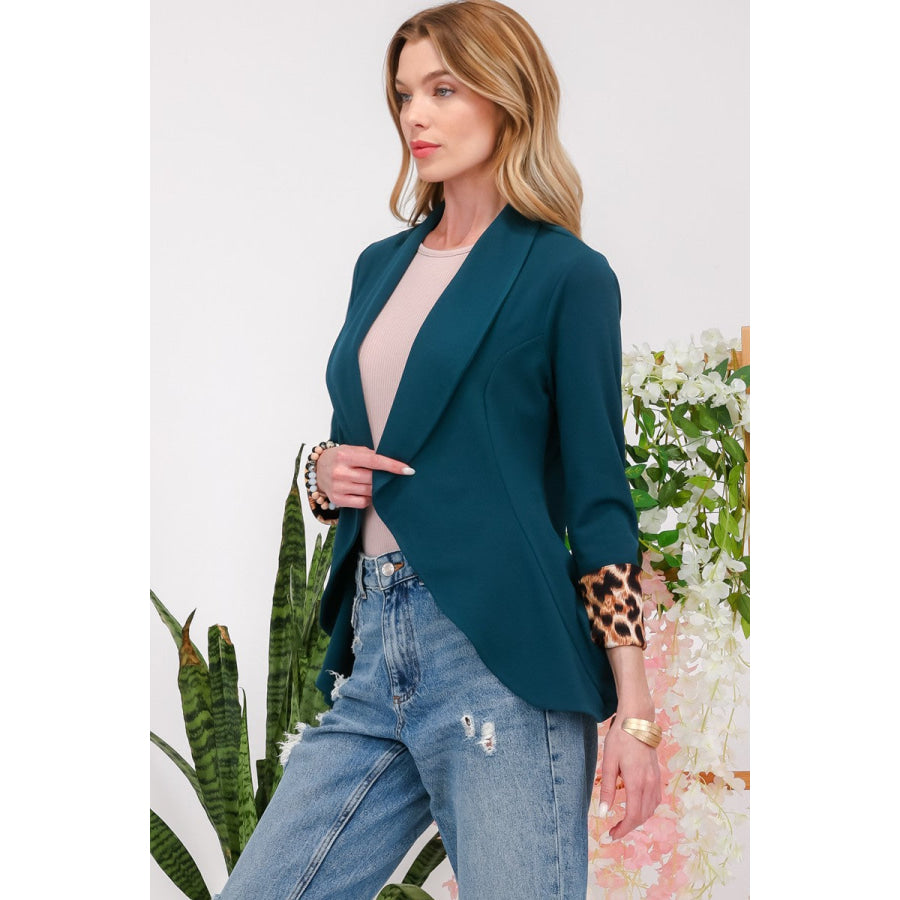 Celeste Full Size Rolled Leopard Cuff Open Front Blazer Apparel and Accessories