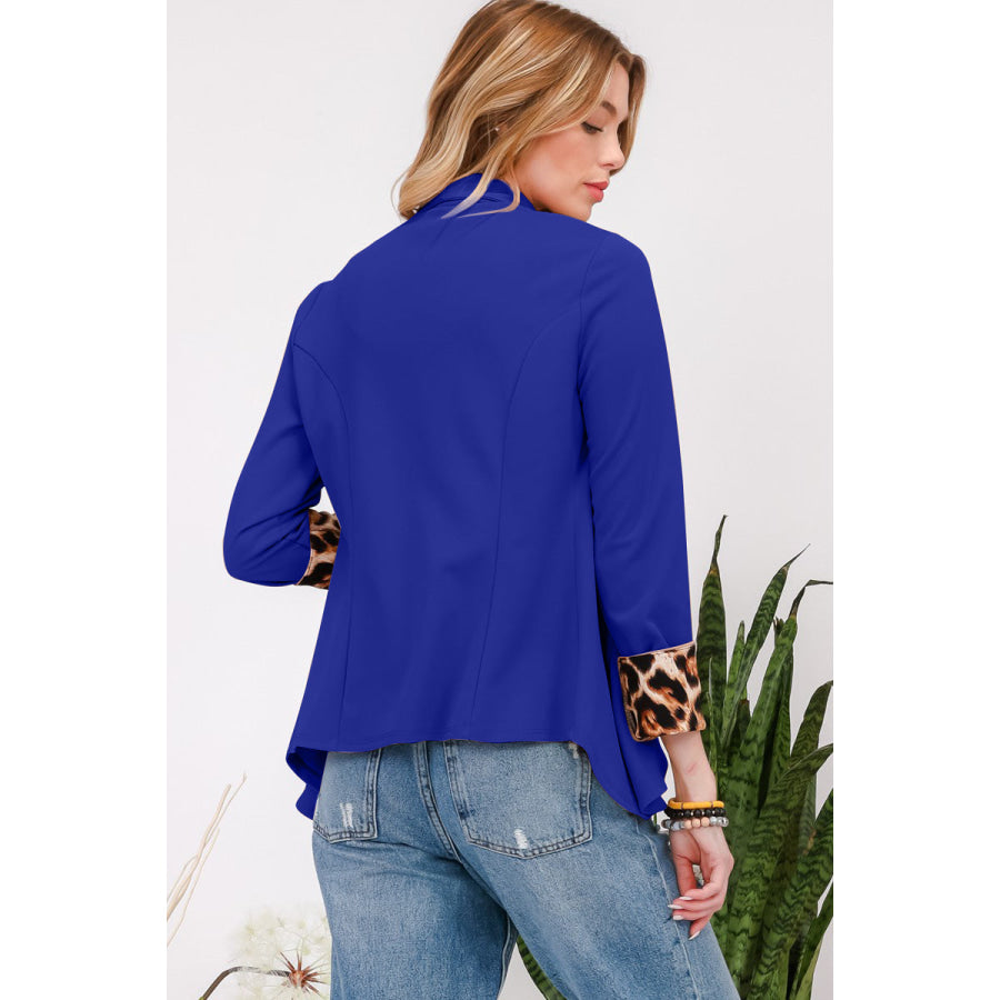 Celeste Full Size Rolled Leopard Cuff Open Front Blazer Royal Blue / S Apparel and Accessories