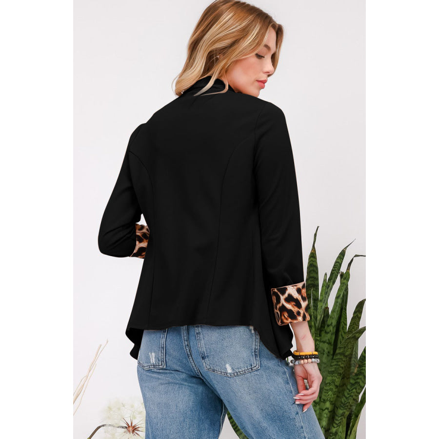 Celeste Full Size Rolled Leopard Cuff Open Front Blazer Black / S Apparel and Accessories