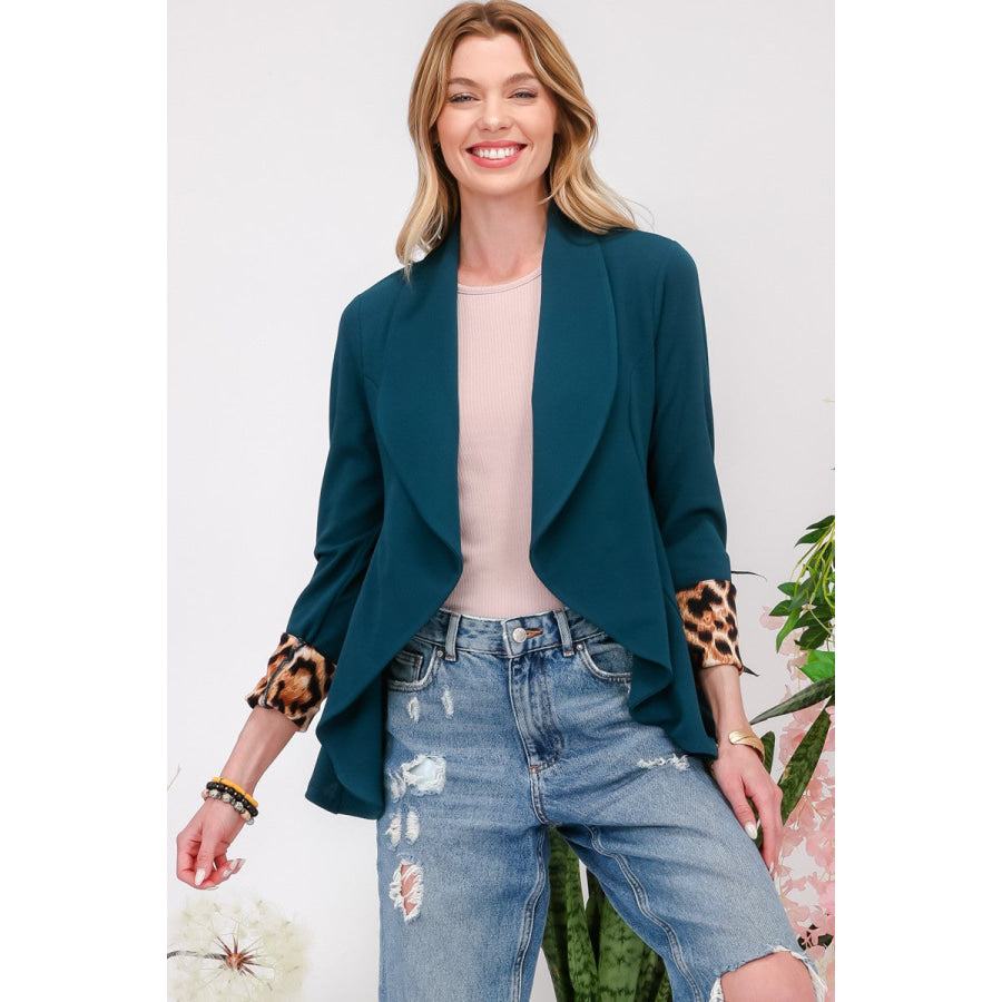 Celeste Full Size Rolled Leopard Cuff Open Front Blazer Hunter Green / S Apparel and Accessories