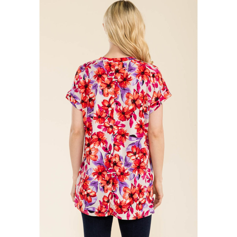 Celeste Full Size Round Neck Short Sleeve Floral T-Shirt Beige Fuchsia / S Apparel and Accessories