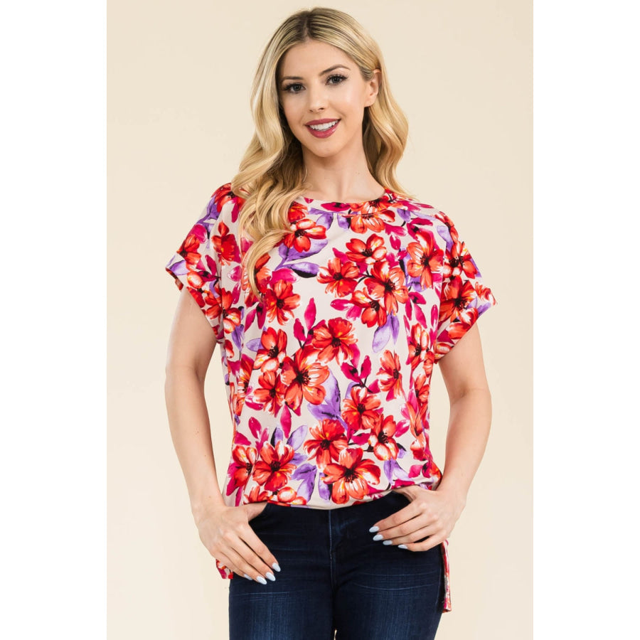 Celeste Full Size Round Neck Short Sleeve Floral T-Shirt Beige Fuchsia / S Apparel and Accessories