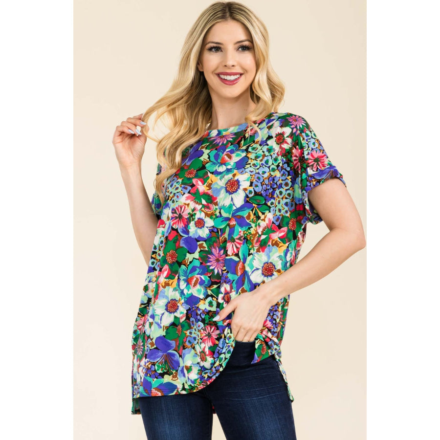 Celeste Full Size Round Neck Short Sleeve Floral T-Shirt Black Green / S Apparel and Accessories