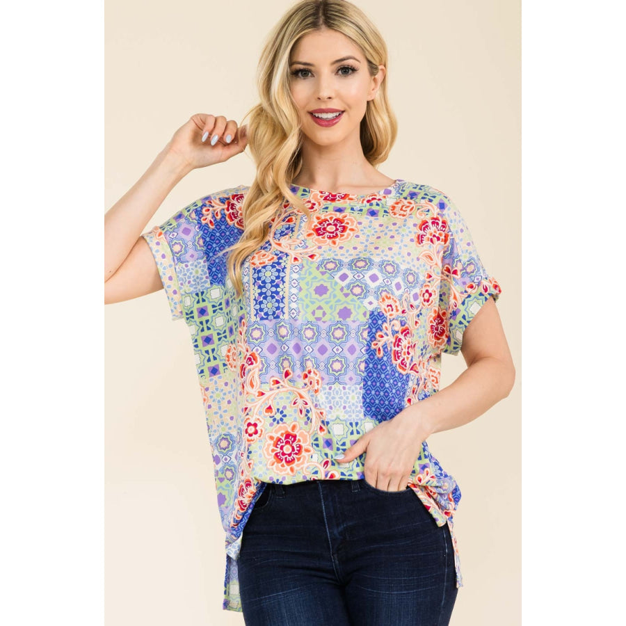 Celeste Full Size Round Neck Short Sleeve Floral T-Shirt Blue Lavender / S Apparel and Accessories