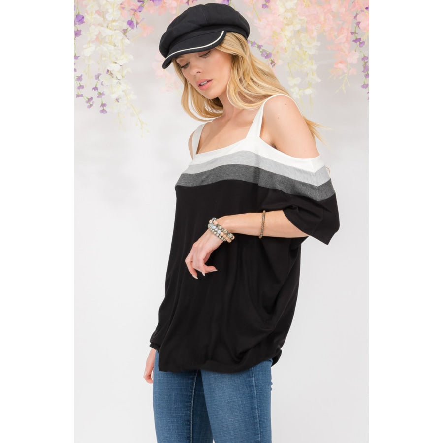 Celeste Full Size Striped Cold Shoulder Top Apparel and Accessories