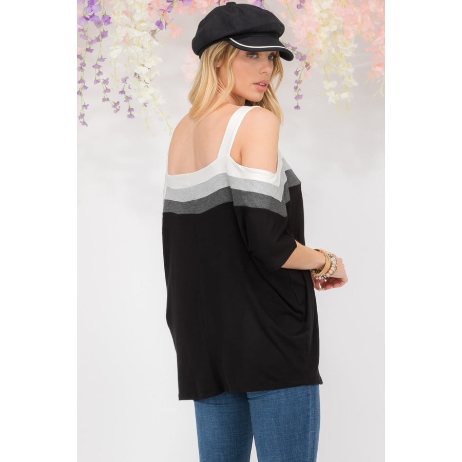 Celeste Full Size Striped Cold Shoulder Top Black/Ivory / S Apparel and Accessories