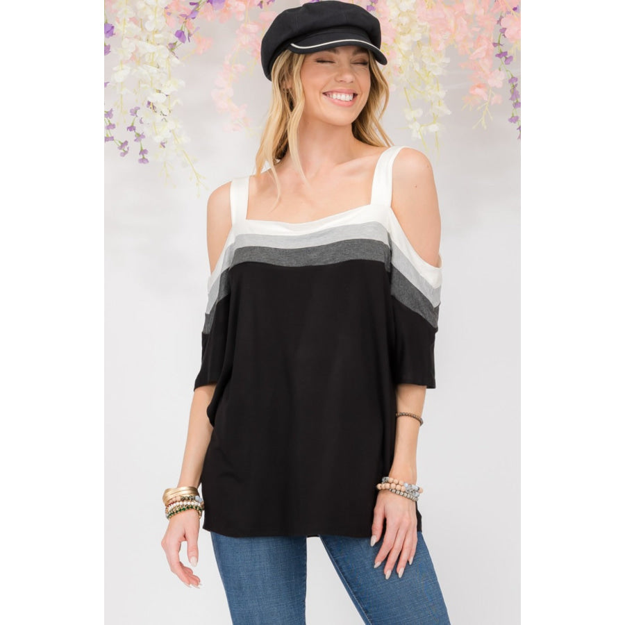 Celeste Full Size Striped Cold Shoulder Top Apparel and Accessories