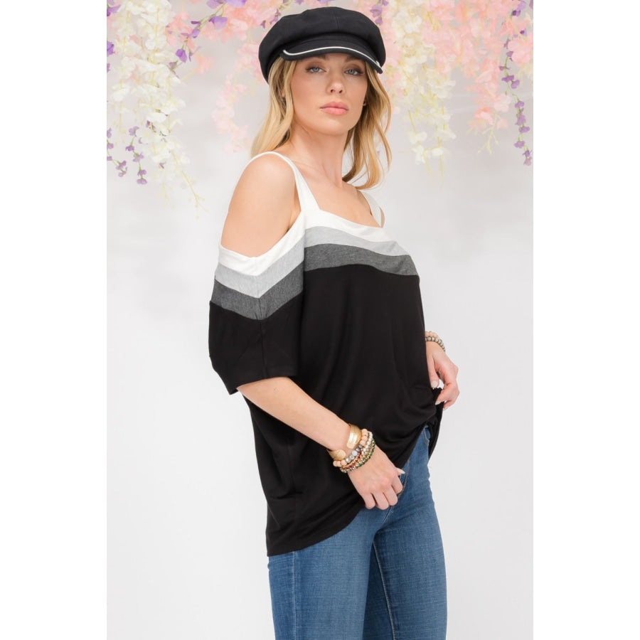 Celeste Full Size Striped Cold Shoulder Top Apparel and Accessories