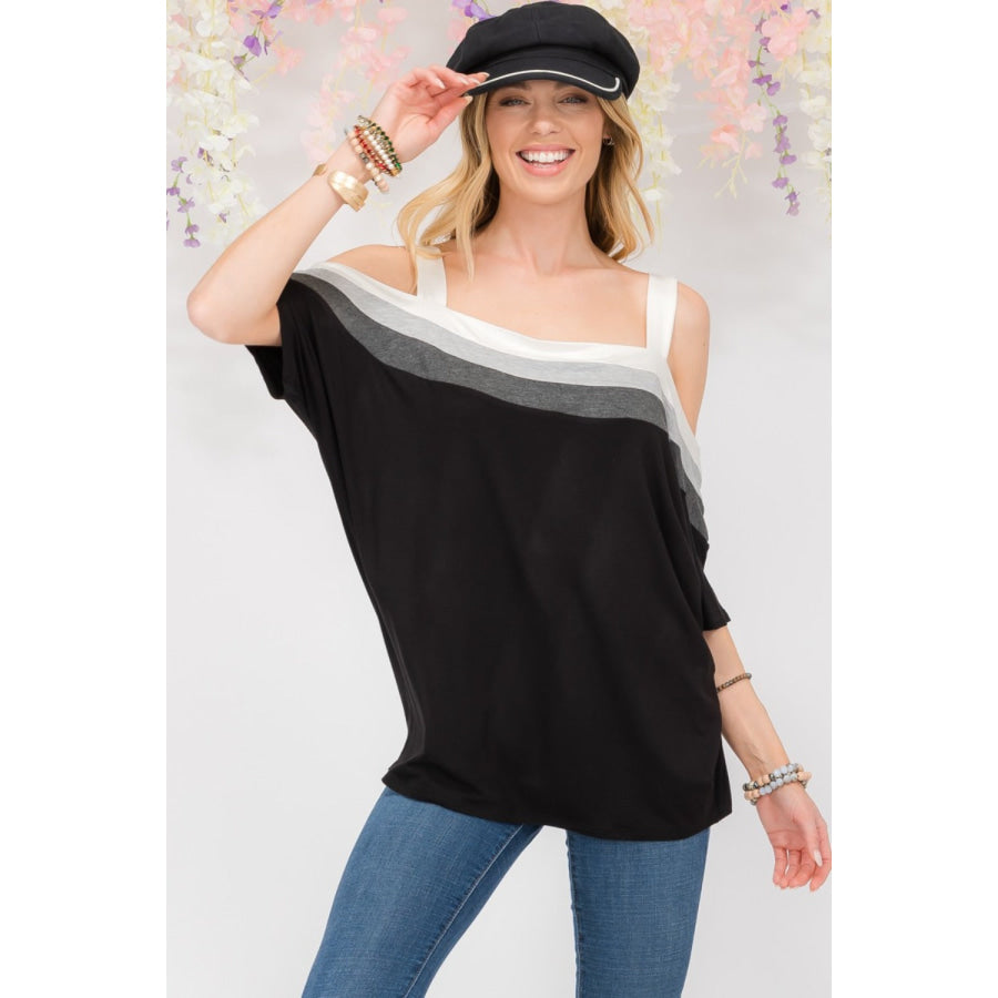 Celeste Full Size Striped Cold Shoulder Top Black/Ivory / S Apparel and Accessories