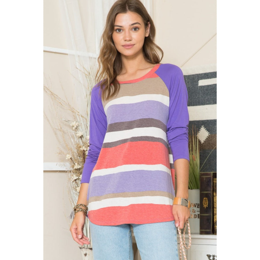 Celeste Full Size Striped Contrast Long Sleeve T-Shirt Apparel and Accessories