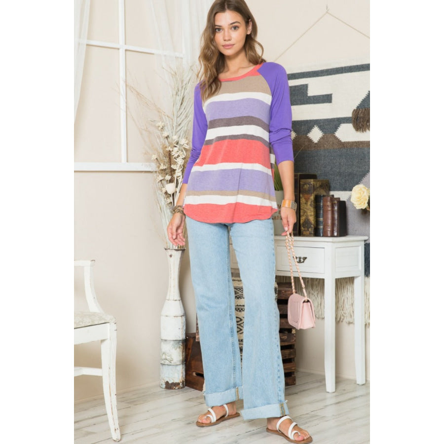 Celeste Full Size Striped Contrast Long Sleeve T-Shirt Apparel and Accessories