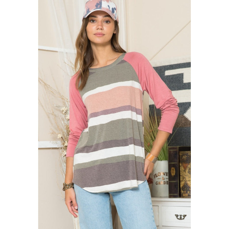 Celeste Full Size Striped Contrast Long Sleeve T-Shirt Olive/Mocha / S Apparel and Accessories