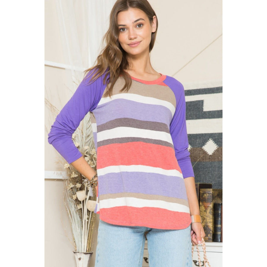 Celeste Full Size Striped Contrast Long Sleeve T-Shirt Red/Choco / S Apparel and Accessories