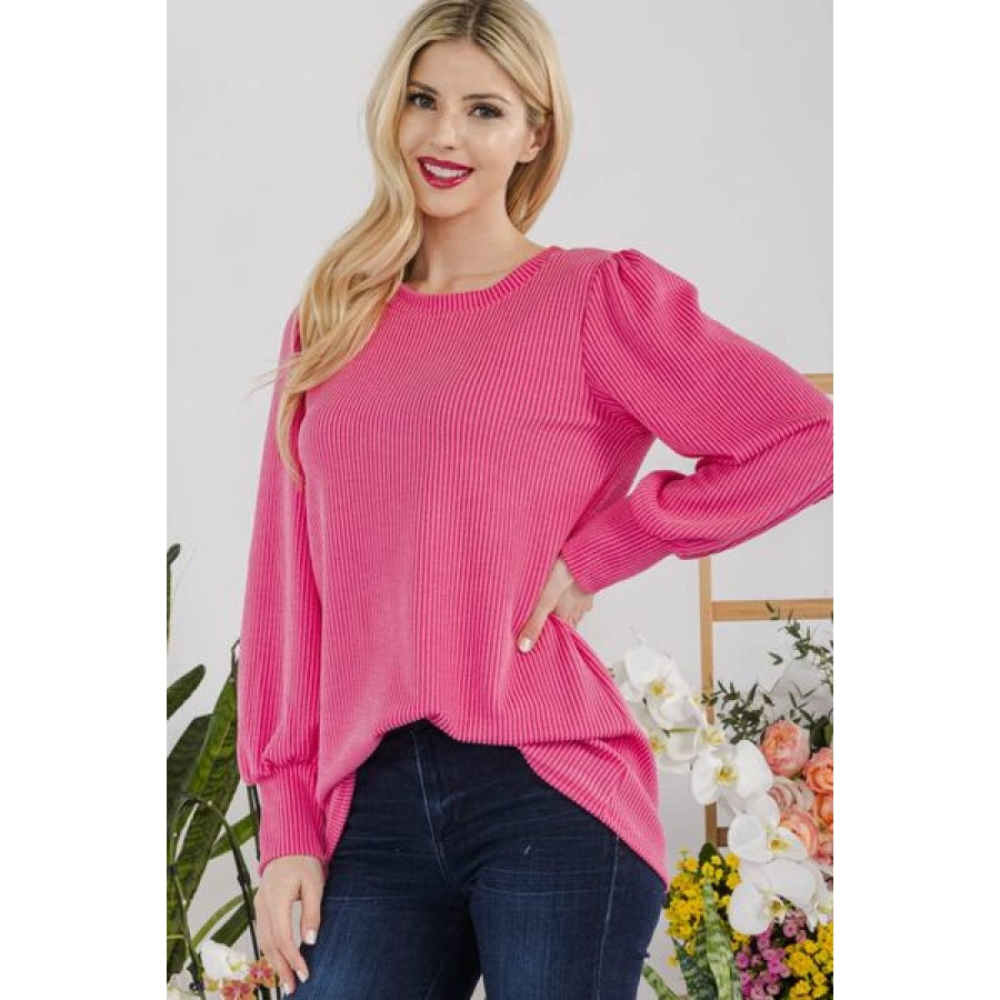 Celeste Full Size Striped Round Neck Lantern Sleeve Top FUCHSIA / S Apparel and Accessories