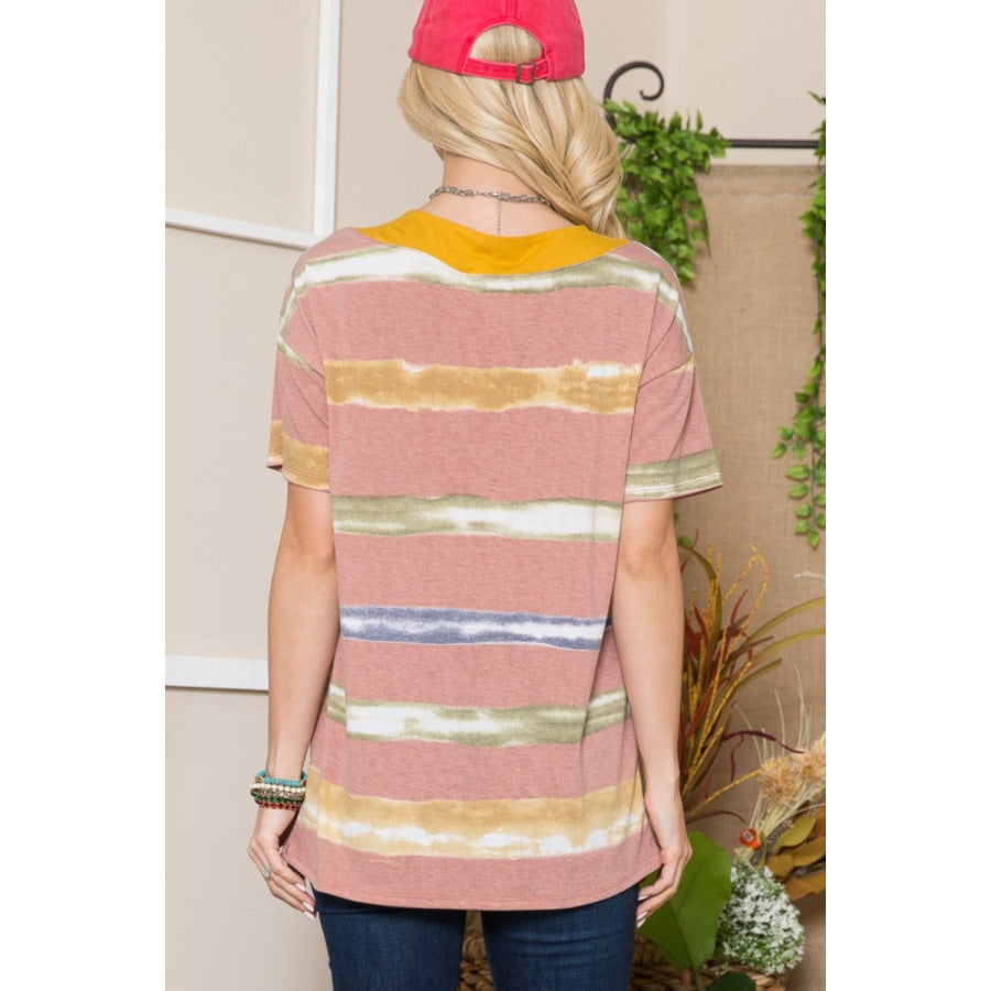 Celeste Full Size Striped Short Sleeve V-Neck T-Shirt Mauve / S Apparel and Accessories