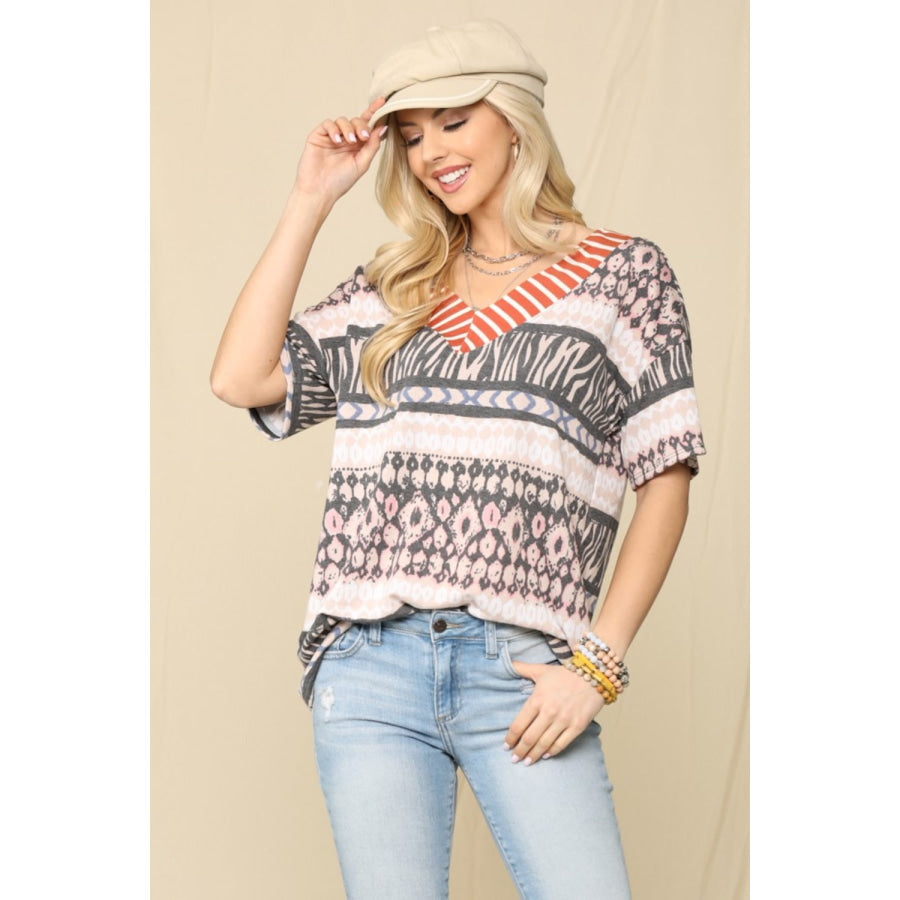 Celeste Full Size Striped V-Neck Short Sleeve T-Shirt Apparel and Accessories