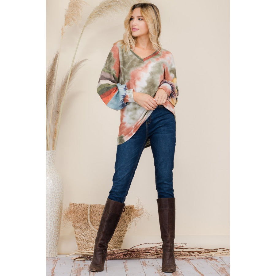 Celeste Full Size Tie-Dye Contrast Striped V-Neck Long Sleeve Blouse Apparel and Accessories