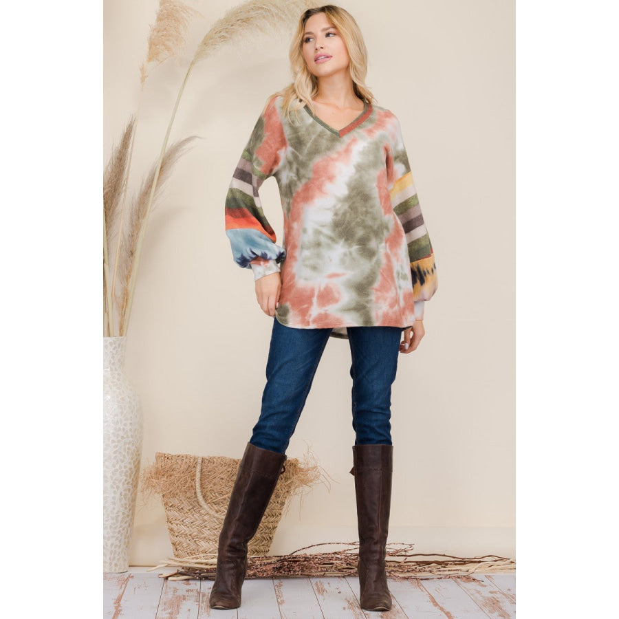 Celeste Full Size Tie-Dye Contrast Striped V-Neck Long Sleeve Blouse Apparel and Accessories