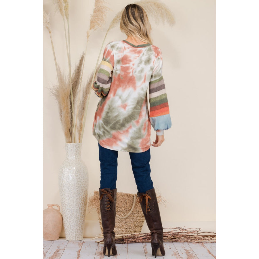 Celeste Full Size Tie-Dye Contrast Striped V-Neck Long Sleeve Blouse Apparel and Accessories