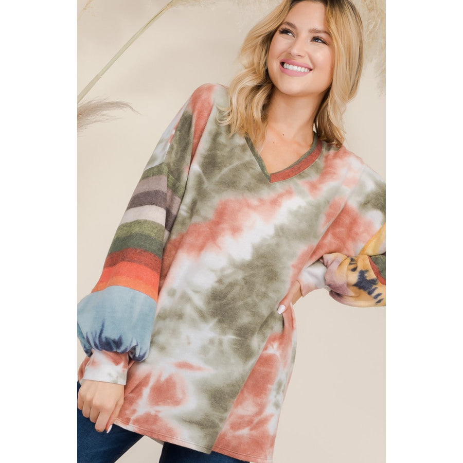 Celeste Full Size Tie-Dye Contrast Striped V-Neck Long Sleeve Blouse Olive Tie Dye / S Apparel and Accessories