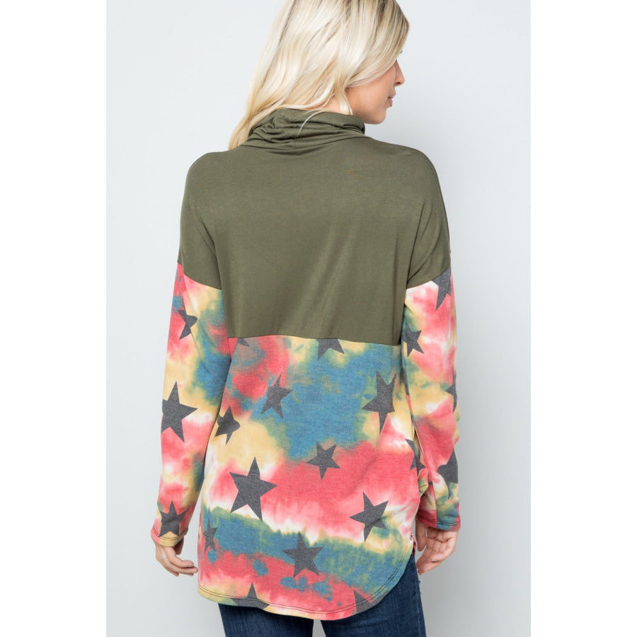 Celeste Full Size Tie-Dye Star Print Long Sleeve Blouse Olive / S Apparel and Accessories