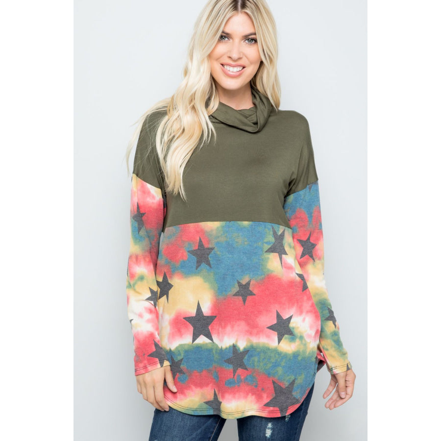 Celeste Full Size Tie-Dye Star Print Long Sleeve Blouse Olive / S Apparel and Accessories