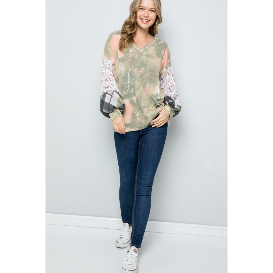 Celeste Full Size Tie-Dye V-Neck Printed Sleeve Blouse Apparel and Accessories