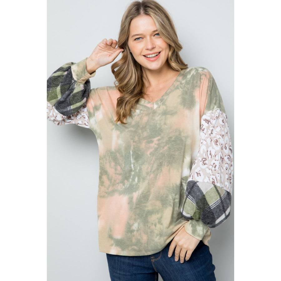 Celeste Full Size Tie-Dye V-Neck Printed Sleeve Blouse Apparel and Accessories