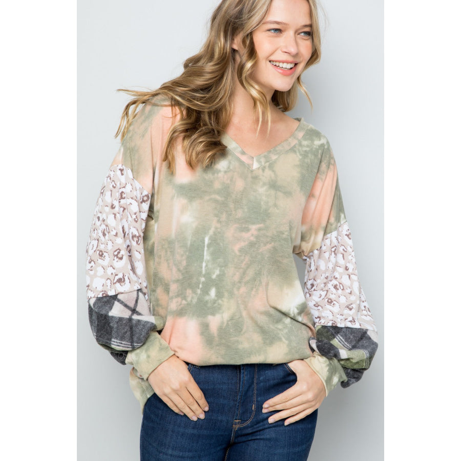 Celeste Full Size Tie-Dye V-Neck Printed Sleeve Blouse Apparel and Accessories