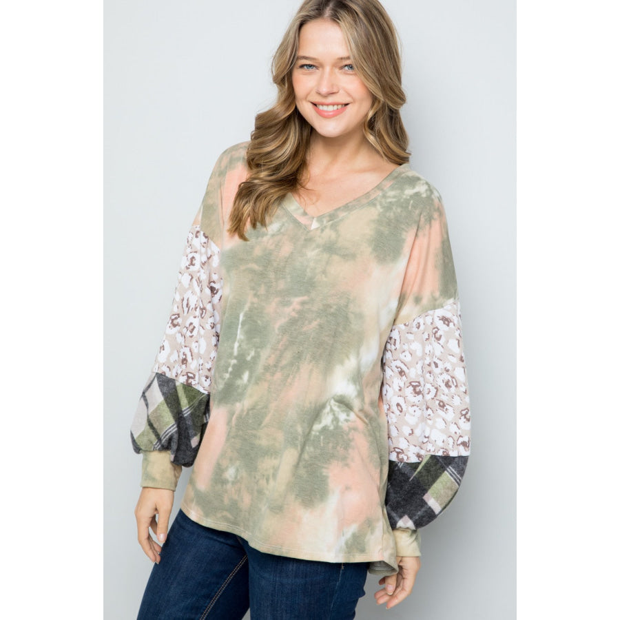 Celeste Full Size Tie-Dye V-Neck Printed Sleeve Blouse Apparel and Accessories