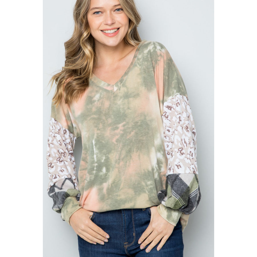 Celeste Full Size Tie-Dye V-Neck Printed Sleeve Blouse Olive / S Apparel and Accessories