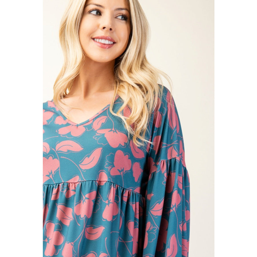 Celeste Full Size Tiered Floral V-Neck Long Sleeve Blouse Apparel and Accessories