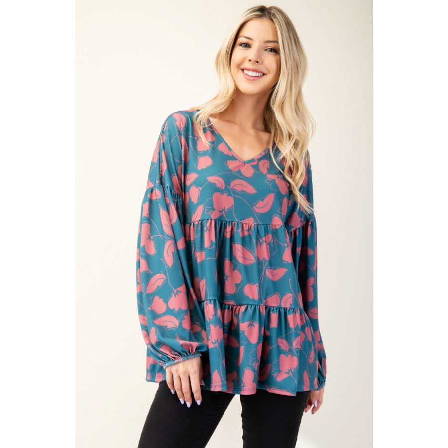 Celeste Full Size Tiered Floral V-Neck Long Sleeve Blouse Apparel and Accessories