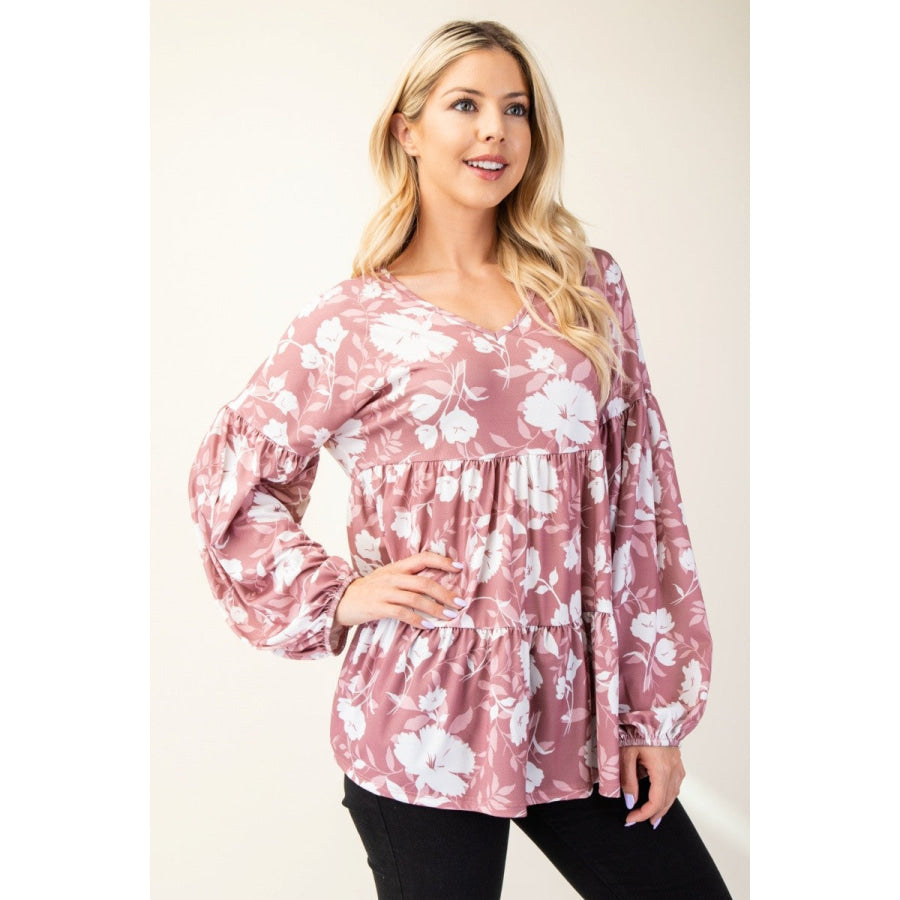 Celeste Full Size Tiered Floral V-Neck Long Sleeve Blouse Apparel and Accessories