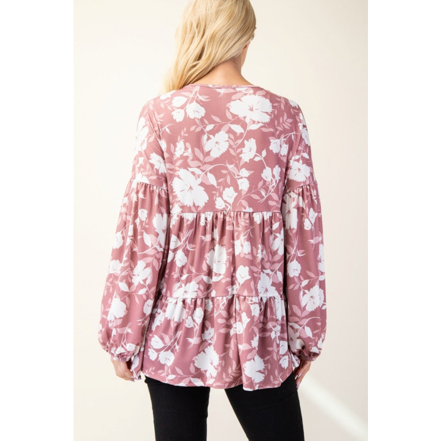 Celeste Full Size Tiered Floral V-Neck Long Sleeve Blouse Apparel and Accessories