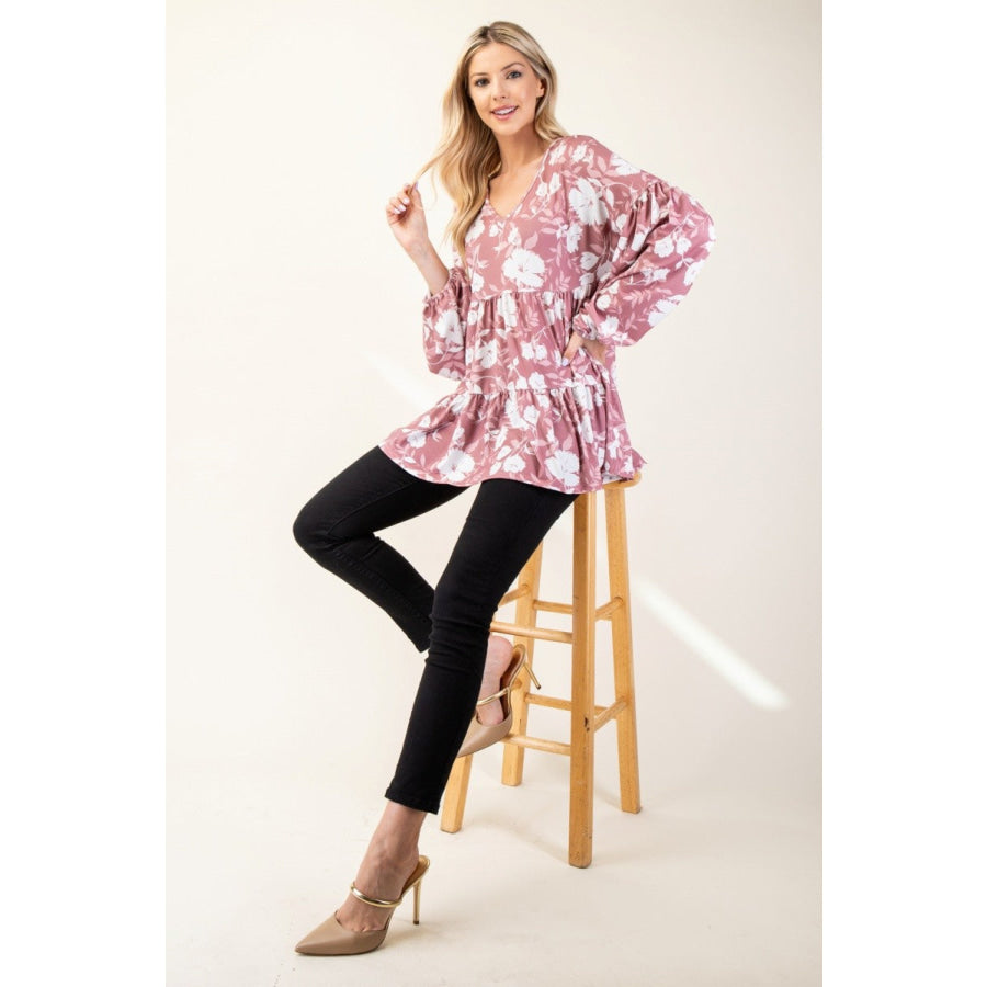 Celeste Full Size Tiered Floral V-Neck Long Sleeve Blouse Apparel and Accessories