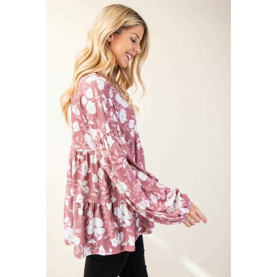 Celeste Full Size Tiered Floral V-Neck Long Sleeve Blouse Apparel and Accessories