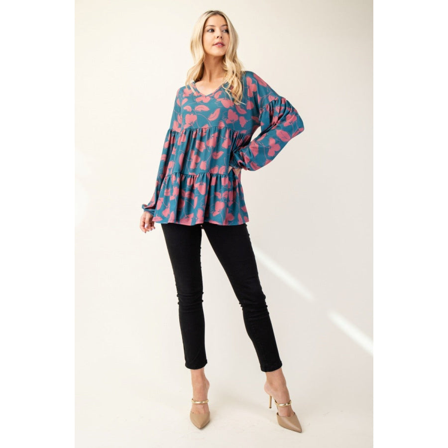 Celeste Full Size Tiered Floral V-Neck Long Sleeve Blouse Apparel and Accessories