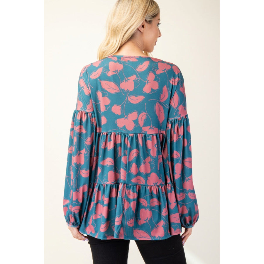 Celeste Full Size Tiered Floral V-Neck Long Sleeve Blouse Apparel and Accessories