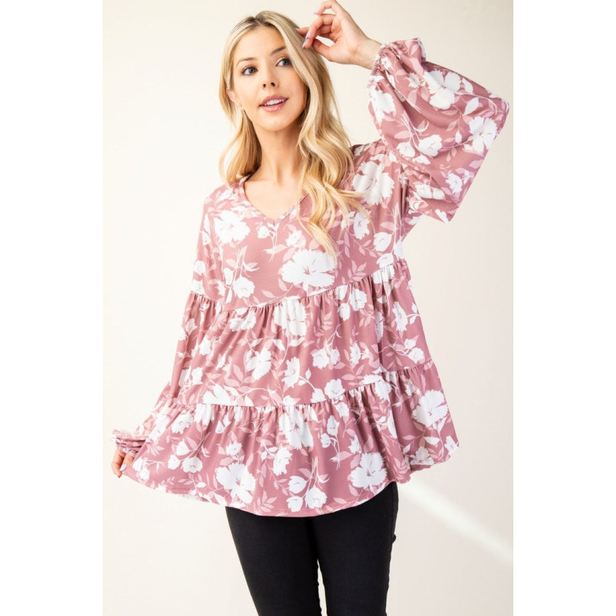 Celeste Full Size Tiered Floral V-Neck Long Sleeve Blouse Apparel and Accessories