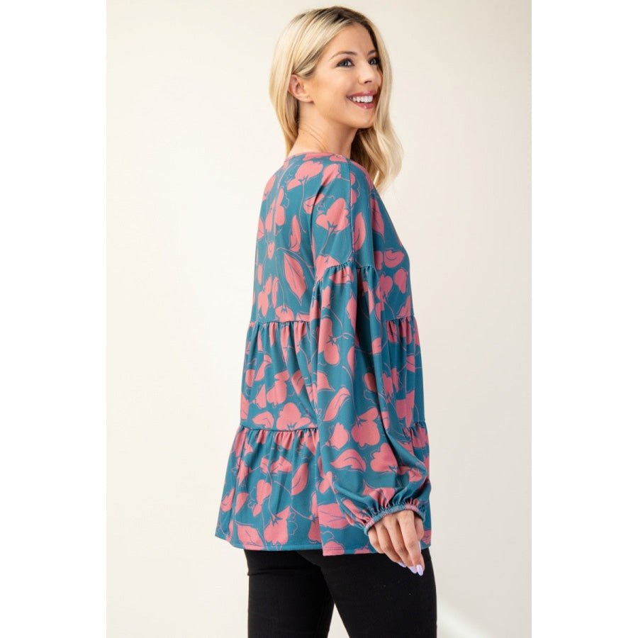 Celeste Full Size Tiered Floral V-Neck Long Sleeve Blouse Apparel and Accessories