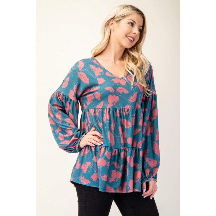 Celeste Full Size Tiered Floral V-Neck Long Sleeve Blouse Teal / S Apparel and Accessories